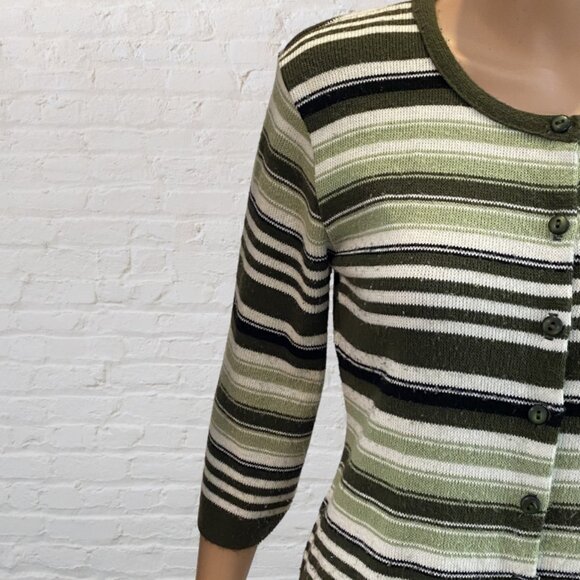 VINTAGE SUGAR -- Sweater, Lightweight, Green and White Striped, 3/4 Sleeves - Picture 4 of 16